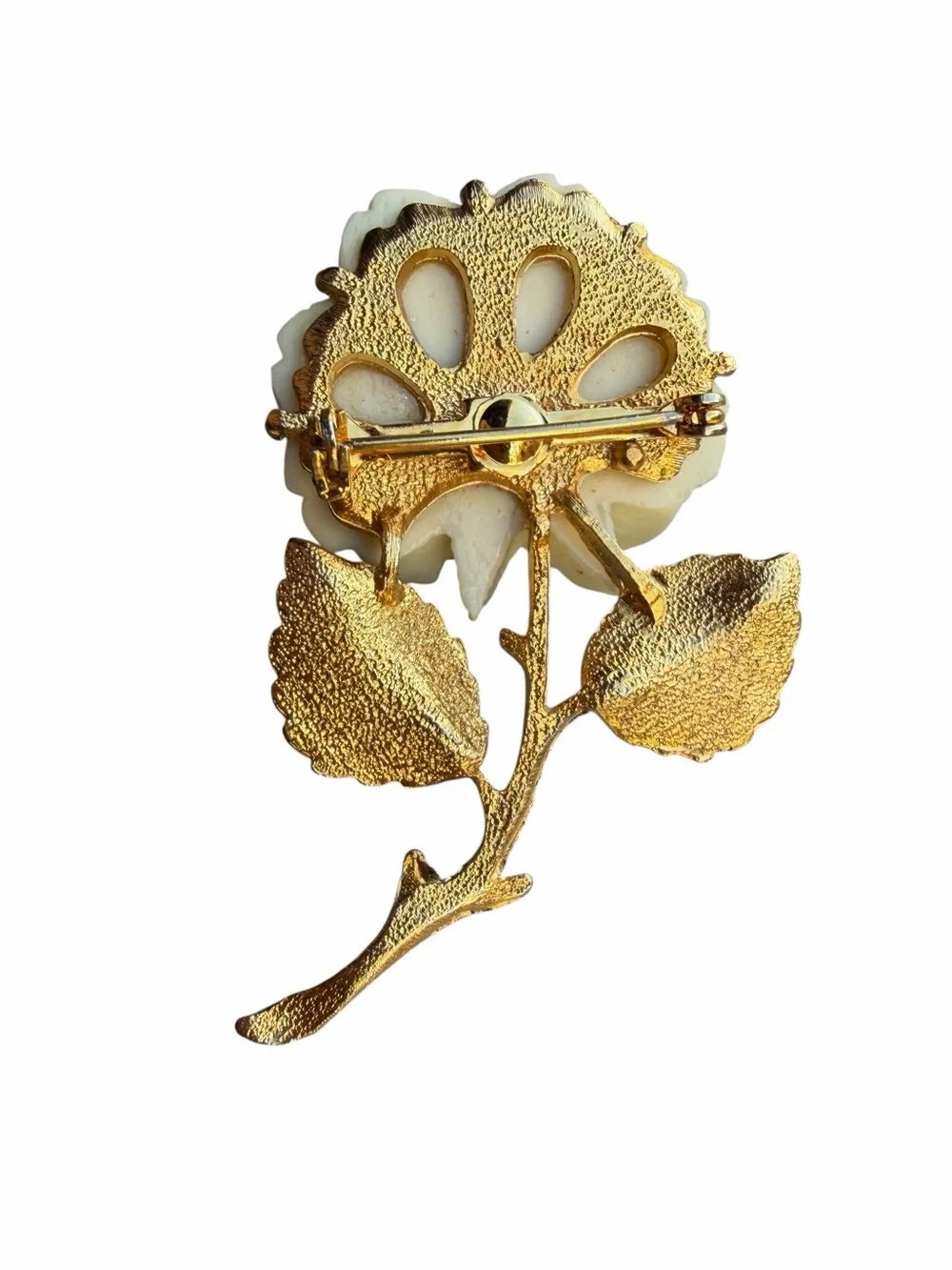 Vintage Carved Ivory Rose Brooch Textured Gold Stem Pin